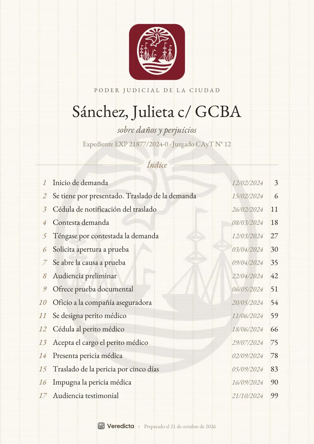 Portada en estilo Filigrana con el logo del Poder Judicial de la Ciudad y el índice de un expediente del EJE.