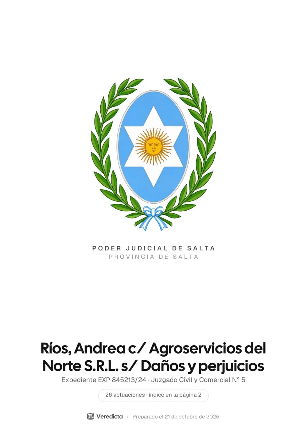 Portada en estilo Escudo con el escudo del Poder Judicial de Salta, para un expediente del SED.
