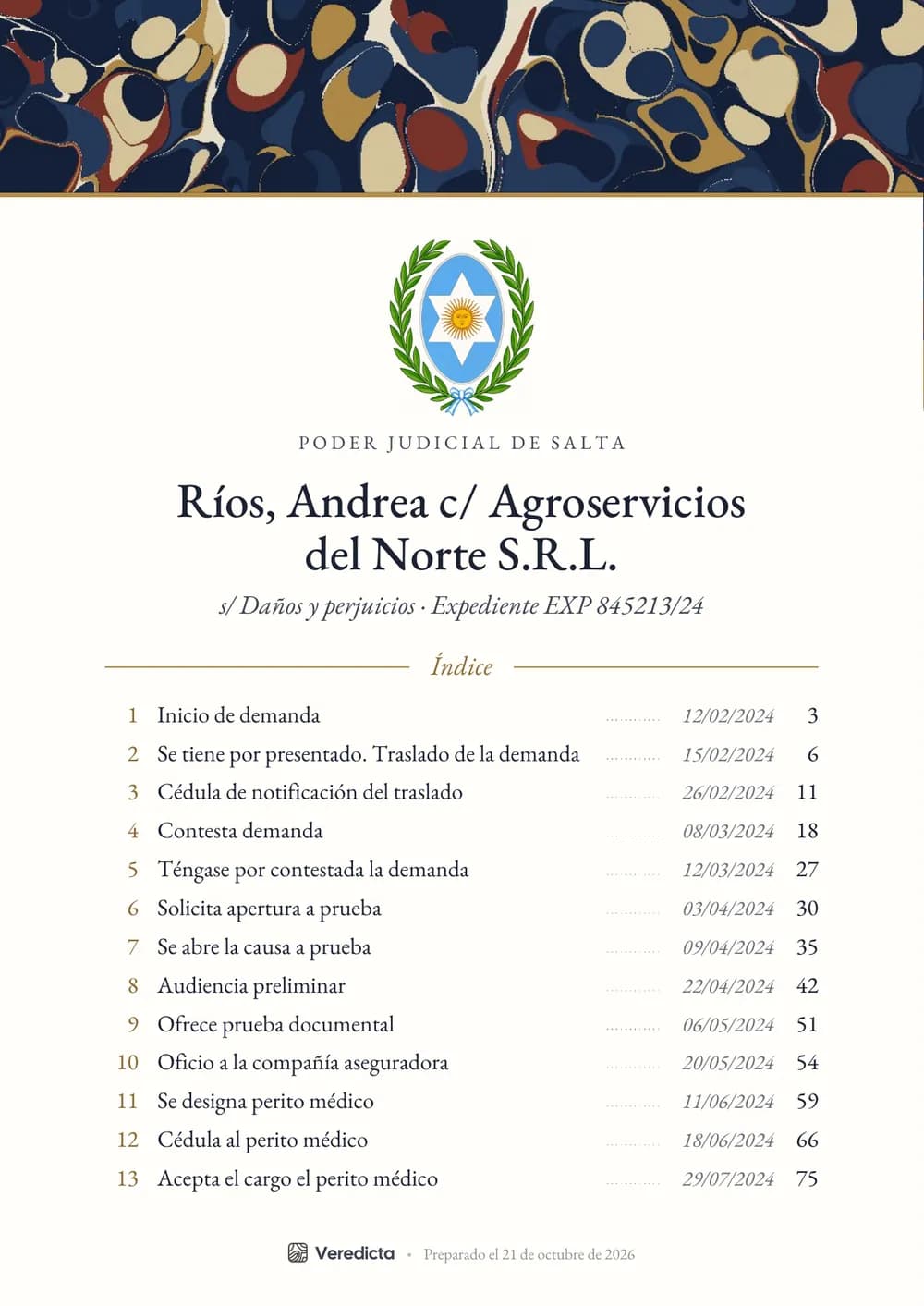 Portada en estilo Guardas con el escudo del Poder Judicial de Salta y el índice de un expediente del SED.