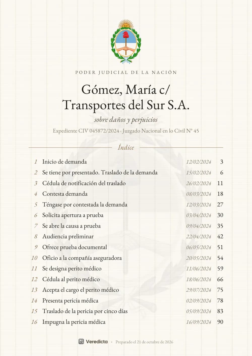 Portada con el índice en estilo Filigrana: papel verjurado y el escudo como marca de agua.