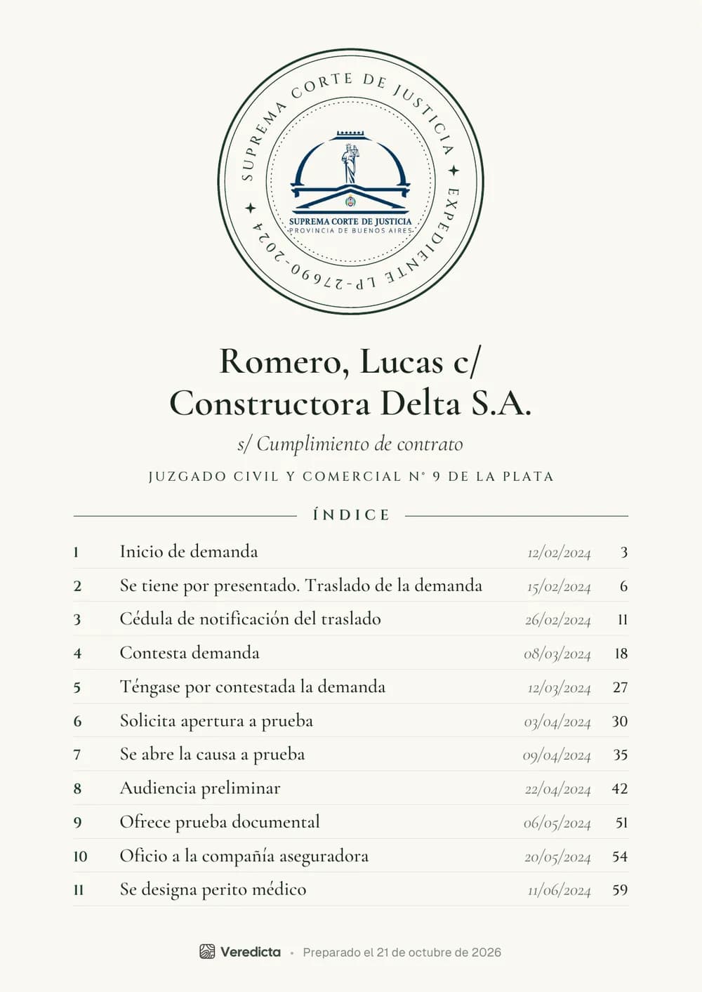 Portada en estilo Sello con el escudo de la Suprema Corte de Justicia de Buenos Aires, para un expediente de la MEV.